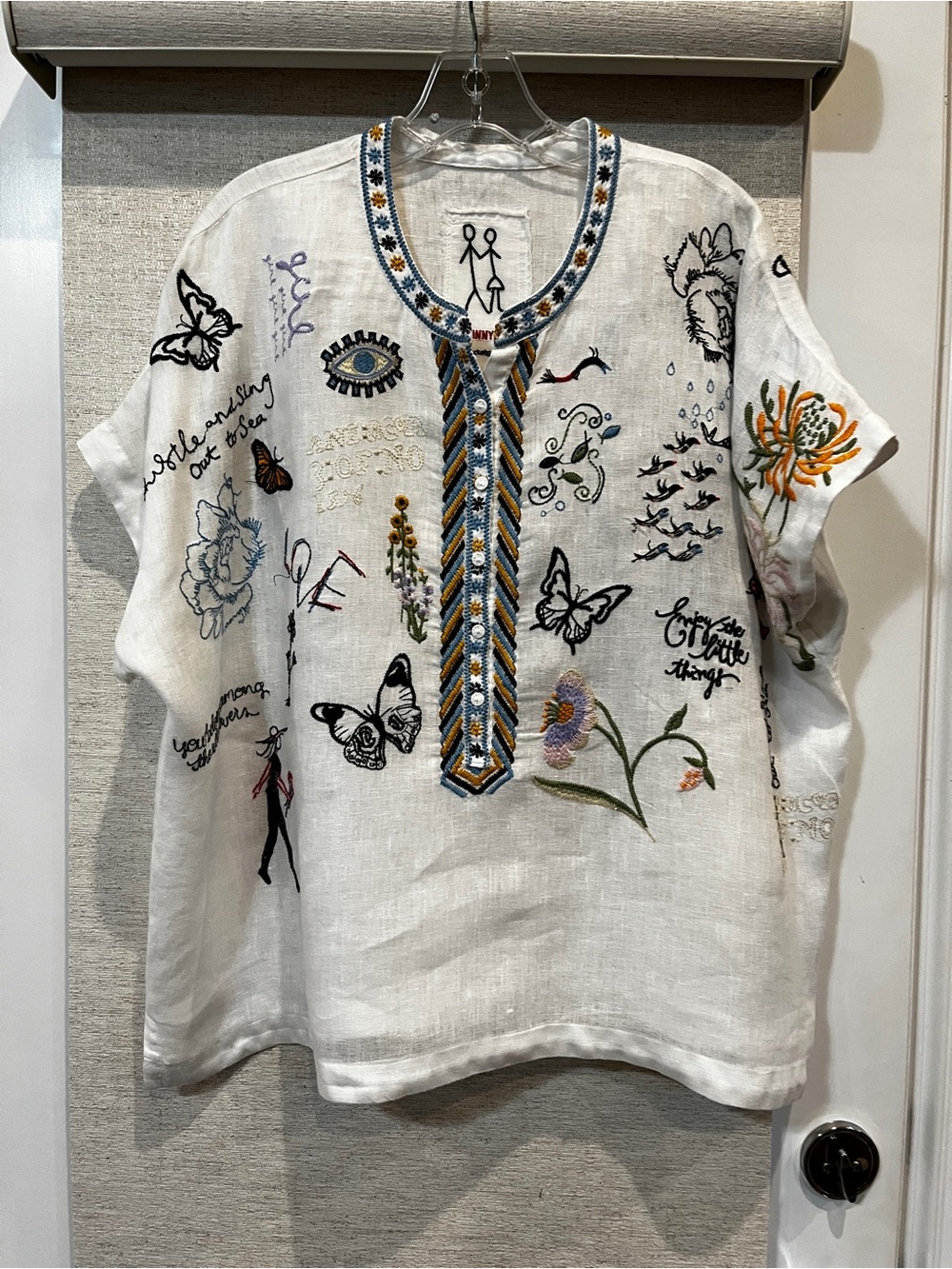 JOHNNY WAS Embroidered White Linen Women’s Top with Colorful Floral & Fun Motifs